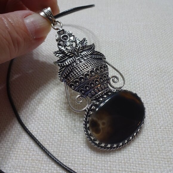 Unique MONTANA AGATE Handmade Sterling Pendant on a 20" Black Cord #830B - Picture 3 of 3